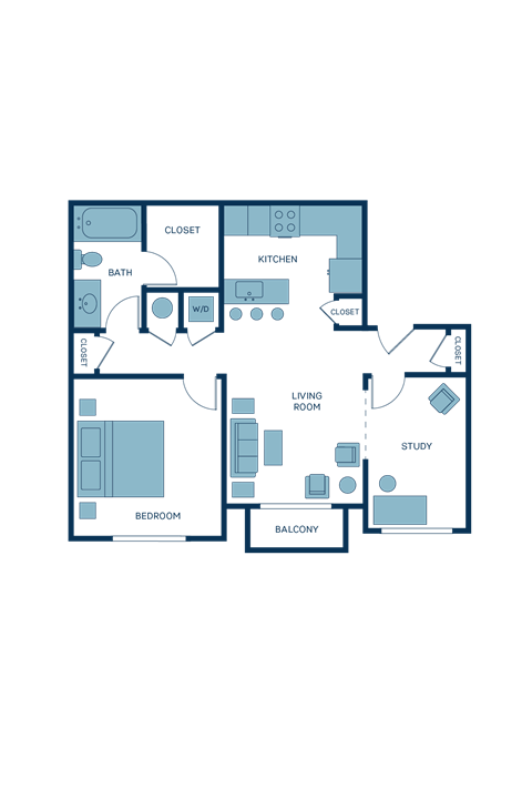 Floor plan for 1 bed, 1 bath, 825 sqft